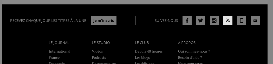 Capture d’écran montrant l’icône RSS dans le pied de page du site de Mediapart