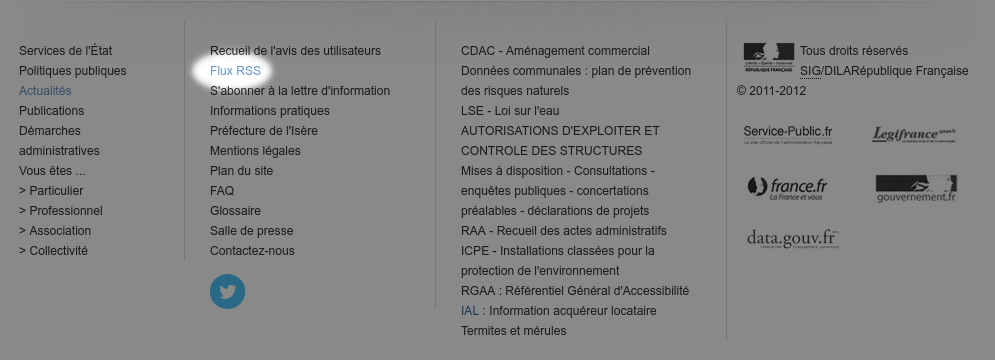 Capture d’écran montrant un lien flux RSS dans le pied de page du site de la préfecture de l’Isère
