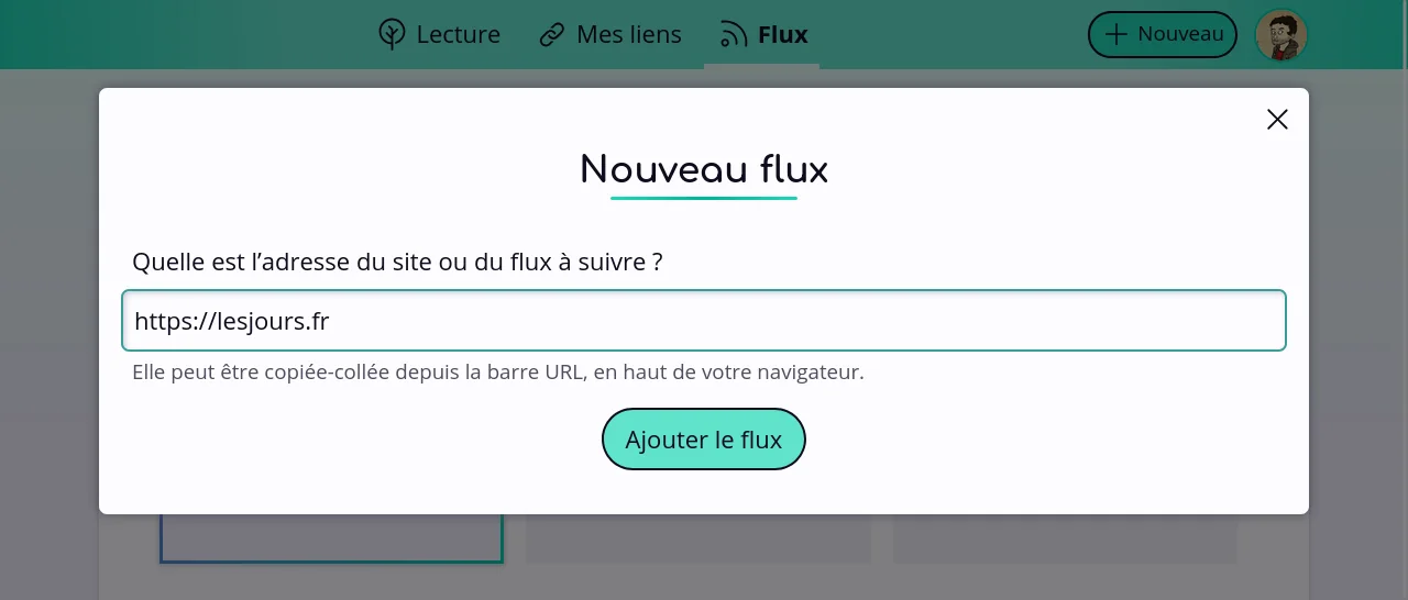 Une fenêtre dans Flus demandant l’adresse d’un site à suivre. L’adresse https://lesjours.fr est saisie.