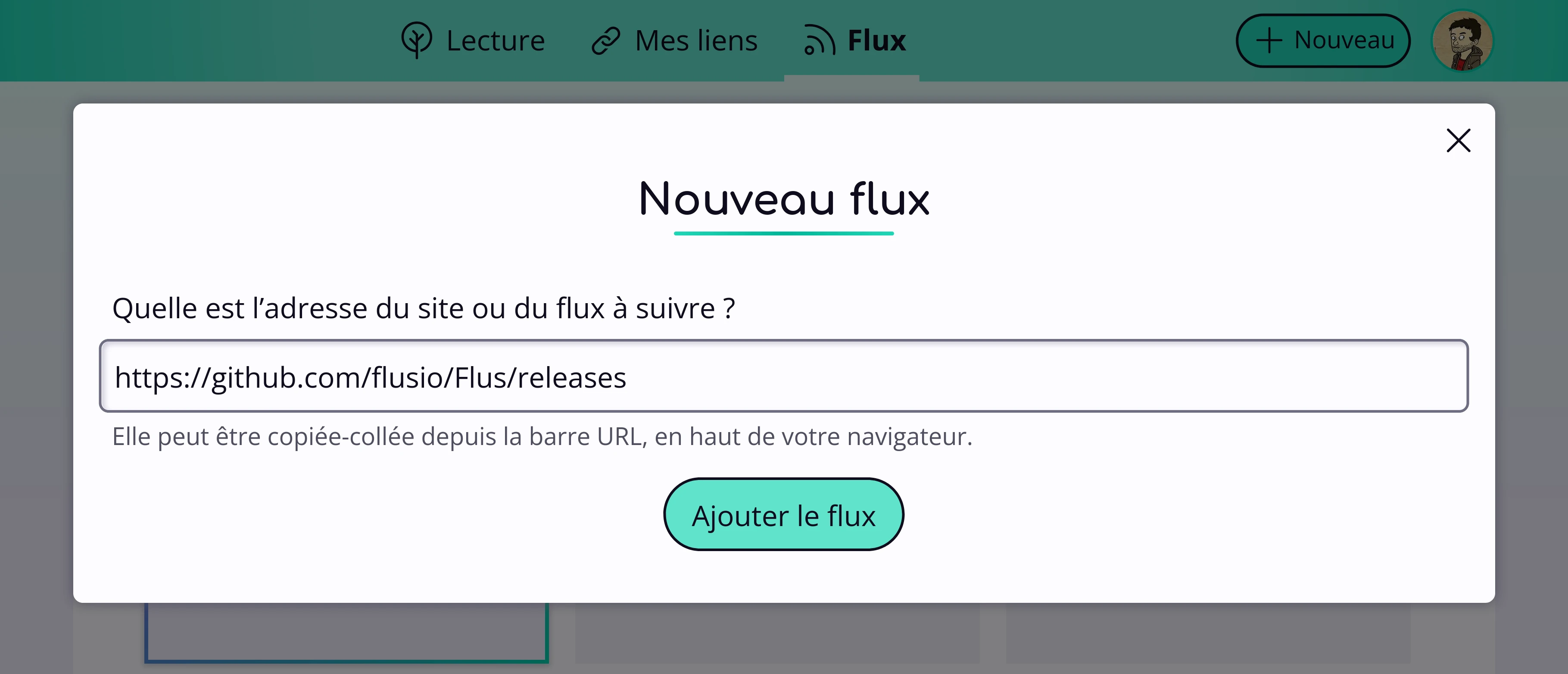 Une fenêtre dans Flus demandant l’adresse d’un site à suivre.