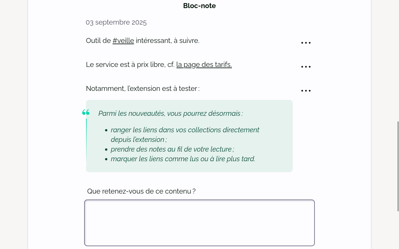 Un bloc-note dans l’application Web affichant 3 notes concernant un article de Flus.