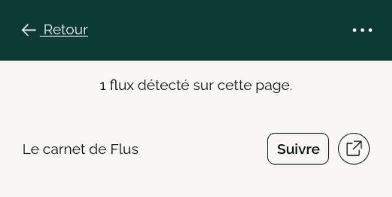 L’extension Flus indique qu’un flux a été détecté sur la page courante. Il affiche son nom et deux boutons pour le suivre et l’ouvrir dans Flus.