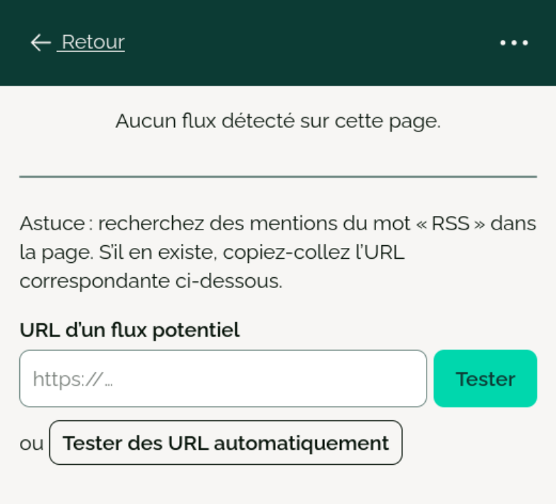 L’extension Flus indique qu’aucun flux n’a été détecté. Il affiche un texte d’aide pour trouver les flux, ainsi qu’un champ de saisie et un bouton pour tester des URL automatiquement.