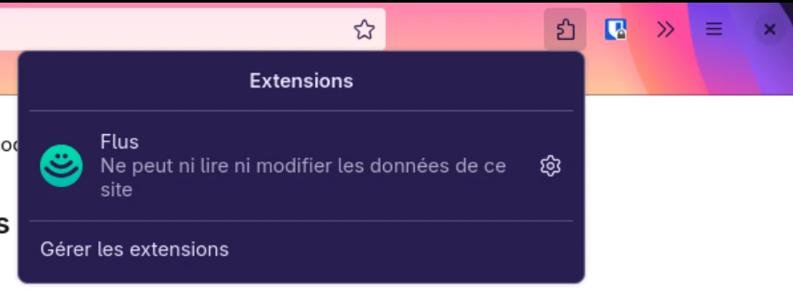 Le menu extension de Firefox ouvert et affichant l’extension Flus.