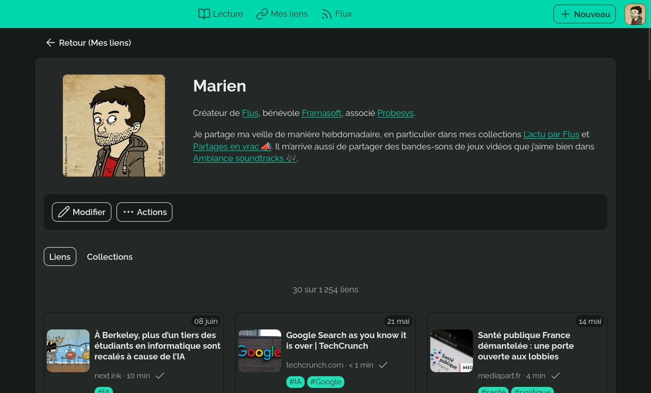 Un profil public Flus affiché en mode sombre.