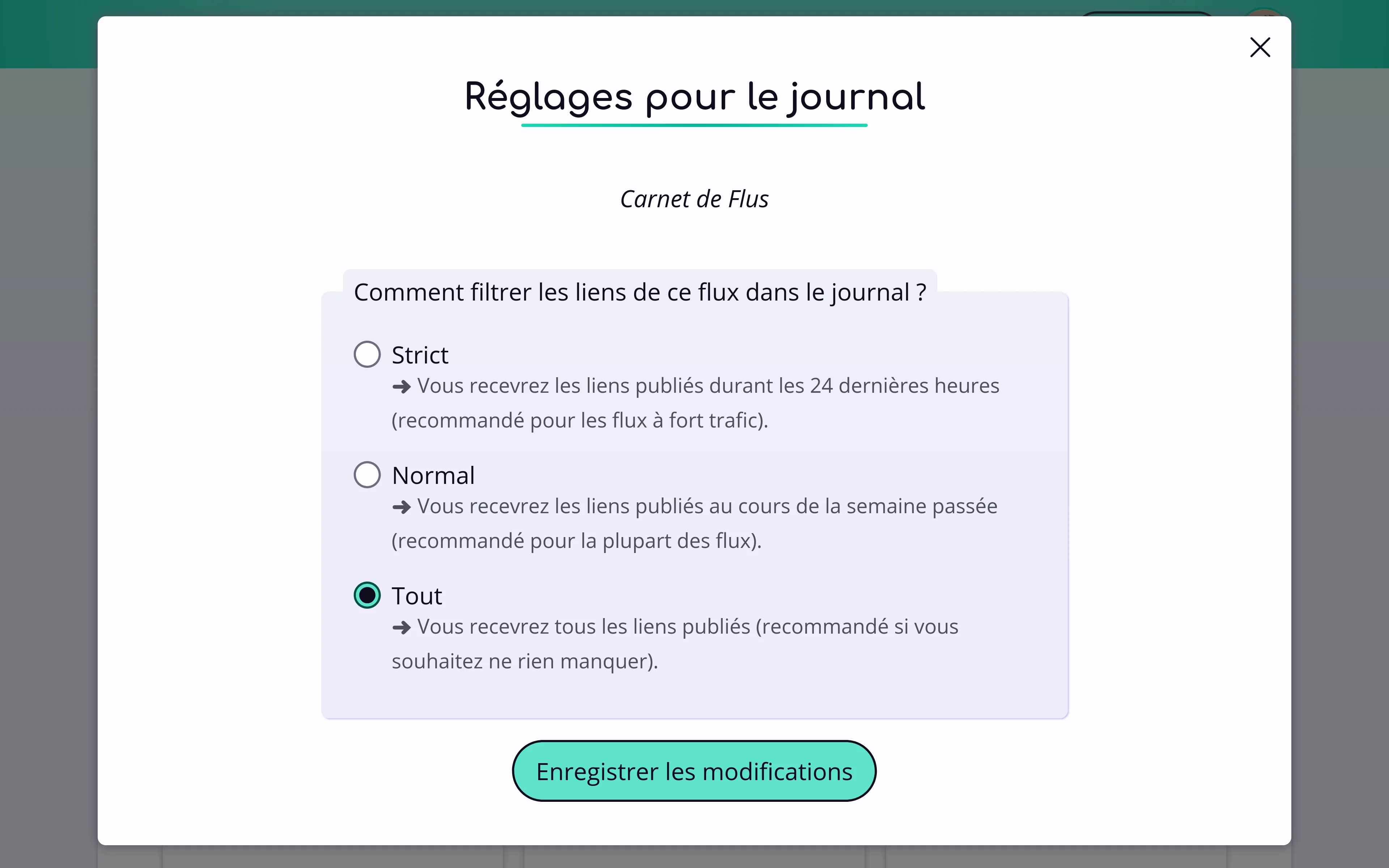 Une fenêtre dans Flus permettant de choisir le filtre temporel à appliquer au flux du blog "Le carnet de Flus"