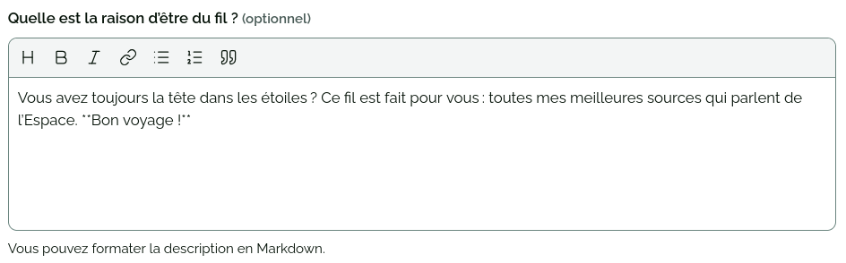 Capture d’écran d’un champ texte Markdown avec une barre d’édition.