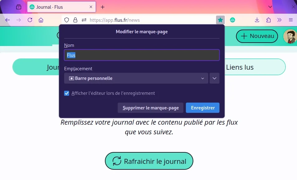 Un menu permettant d’ajouter Flus comme marque-page dans la barre personnelle de Firefox