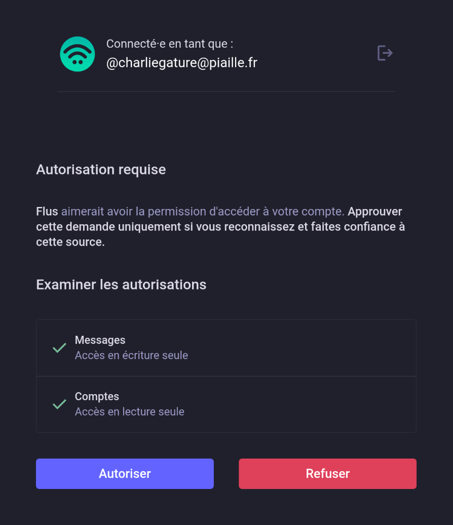 Un écran de Mastodon demandant à l’utilisateur d’autoriser Flus à accéder à son compte.