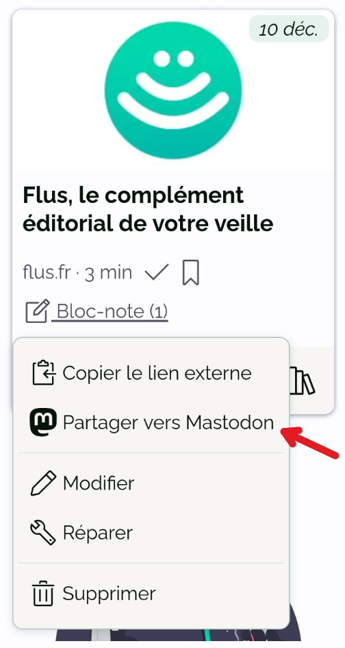 Un lien dans Flus avec le menu secondaire ouvert. Une flèche rouge indique le deuxième bouton « Partager vers Mastodon ».