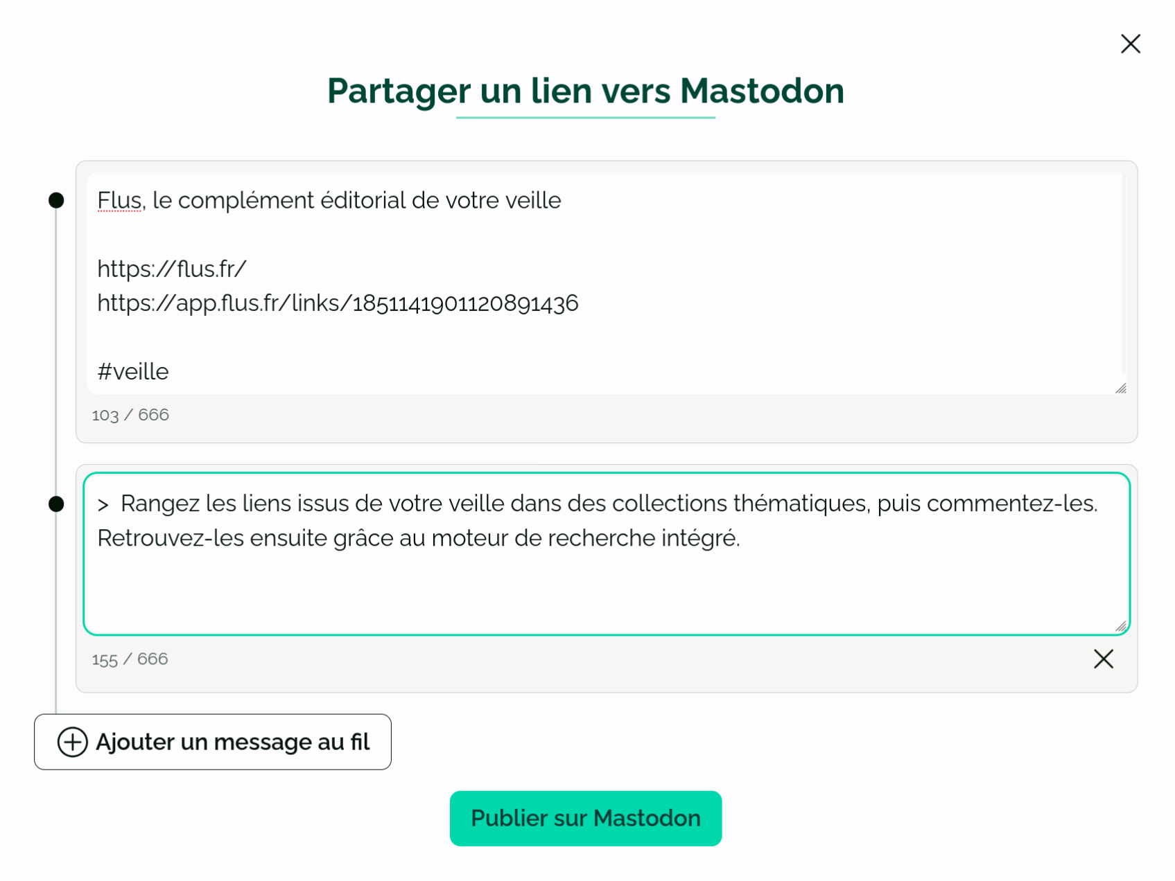 Un formulaire montrant deux messages au sein d’un fil. Un bouton de confirmation permet de publier sur Mastodon.