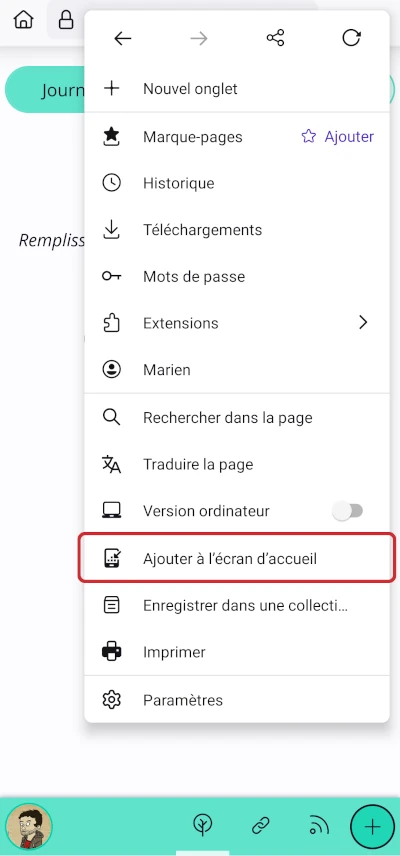 Un menu sur Firefox mobile et dont l’option « ajouter à l’écran d’accueil » est entouré en rouge