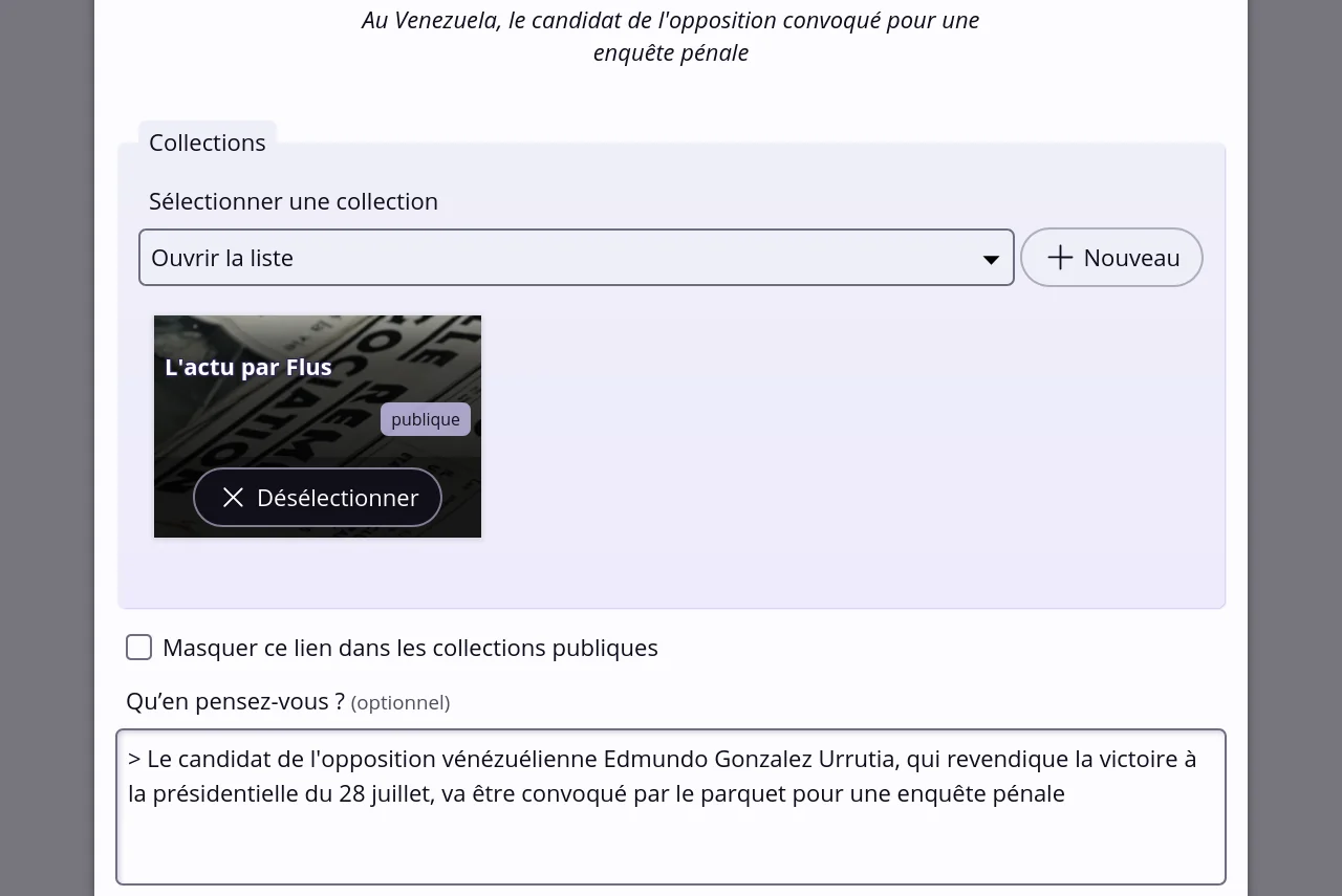 Une fenêtre de Flus proposant de sélectionner une ou plusieurs collections pour un lien. Une zone de commentaire est présente en bas de la fenêtre.