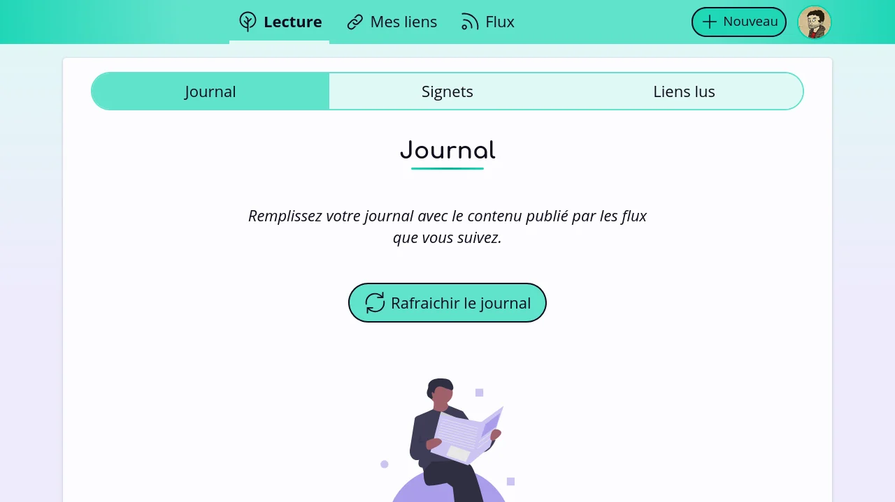 Un journal vide dans l’onglet Lecture de Flus. Le bouton pour rafraîchir le journal est mis en évidence.