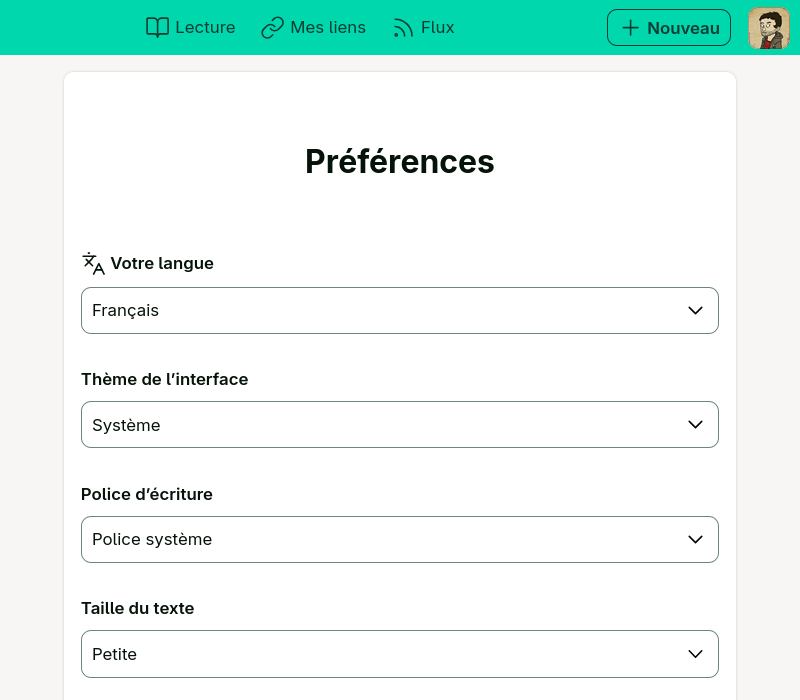 Le menu des préférences de Flus, dont la police d’écriture est en Adwaita Sans.