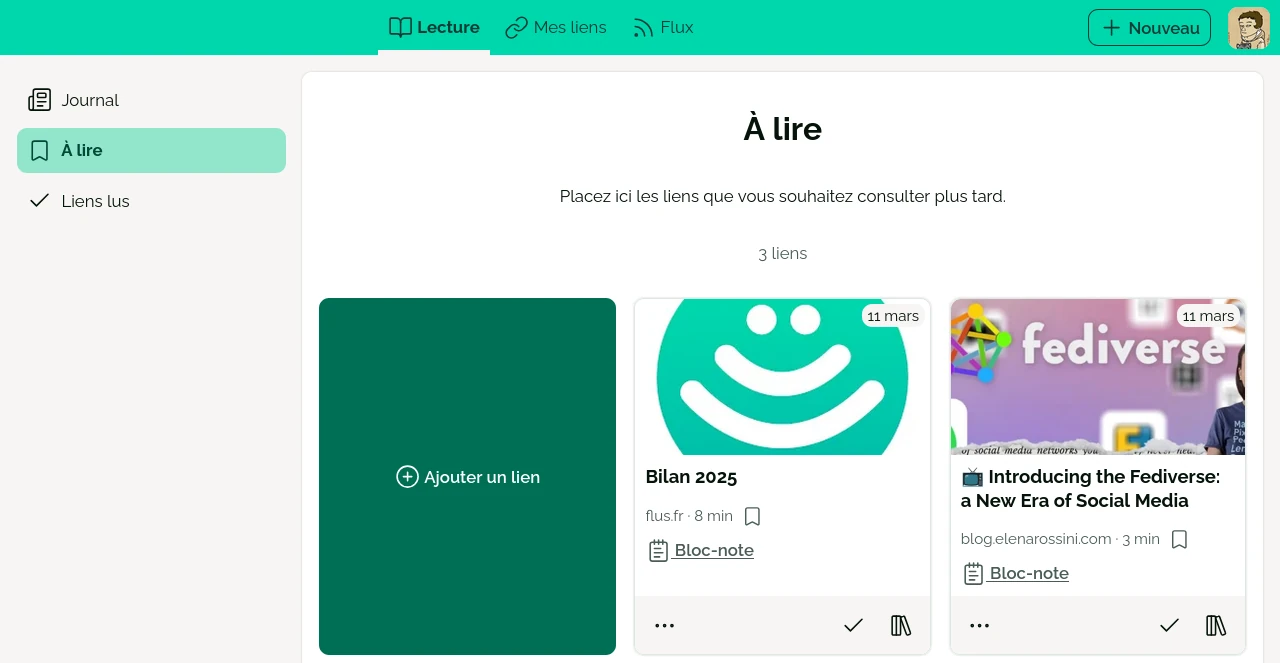 L’onglet Lecture de Flus, présentant un menu vertical et non plus horizontal.