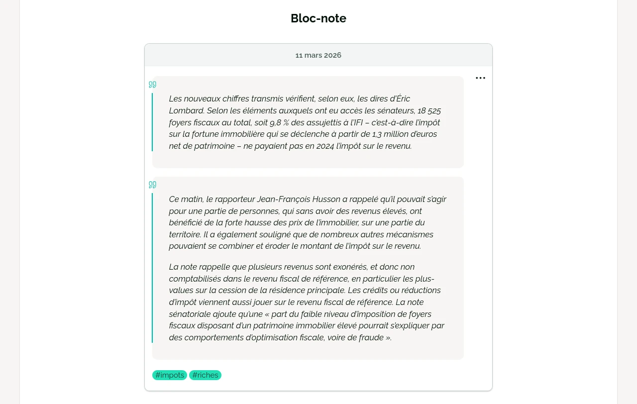Le bloc-note d’un lien affichant des citations et des tags.