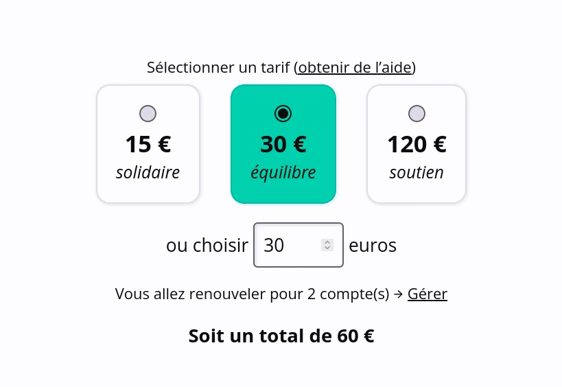 Capture d’écran du formulaire de renouvellement de l’abonnement. Le tarif « équilibre » à 30 € est sélectionné. En-dessous, il est indiqué que le renouvellement sera effectif pour 2 comptes et que le total sera de 60 €.