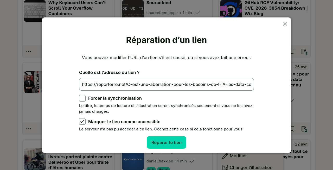 Le menu de réparation d’un lien, affichant notamment une case à cocher 'Marquer le lien comme accessible'.