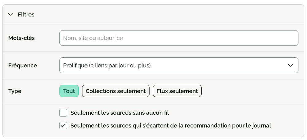 Le formulaire de filtres des sources.
