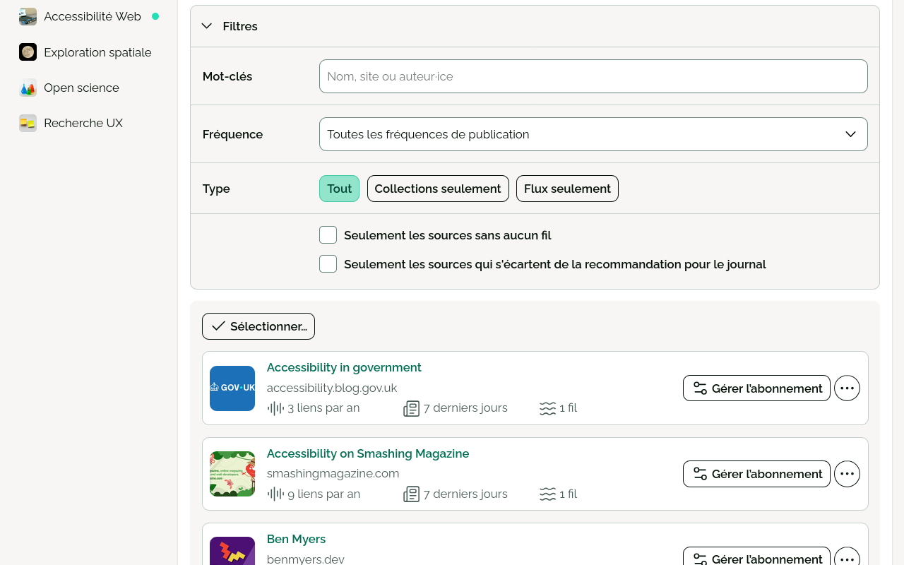 Capture d’écran montrant un formulaire de filtre et des sources.