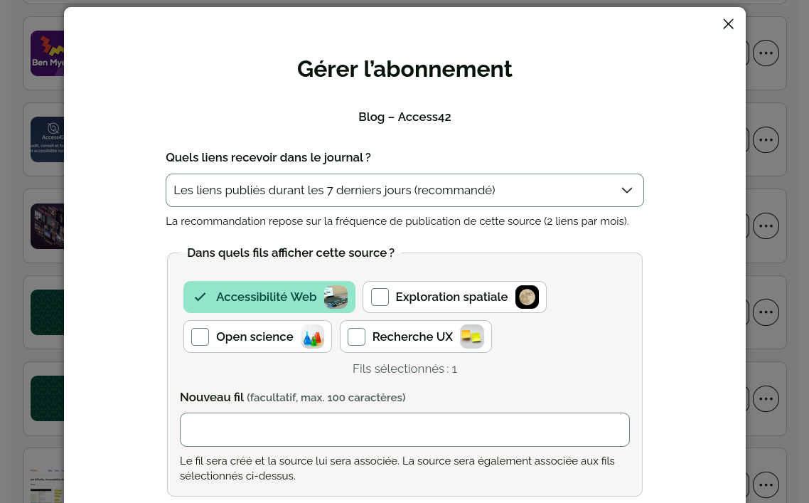 Une fenêtre permettant de gérer l’abonnement à une source. Le fil « Accessibilité Web » est sélectionné.