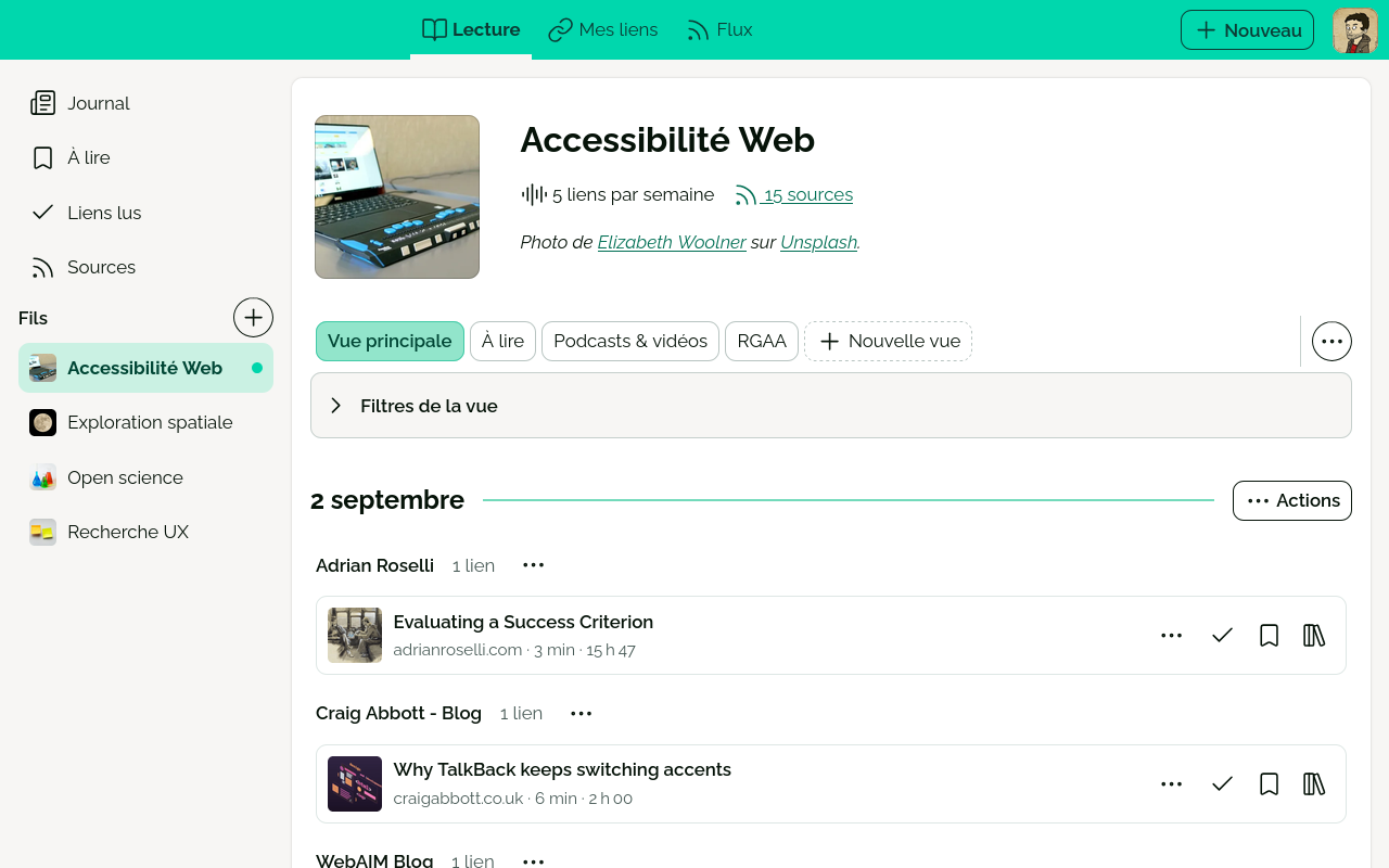 Capture d’écran montrant un fil « Accessibilité Web » dans Flus.