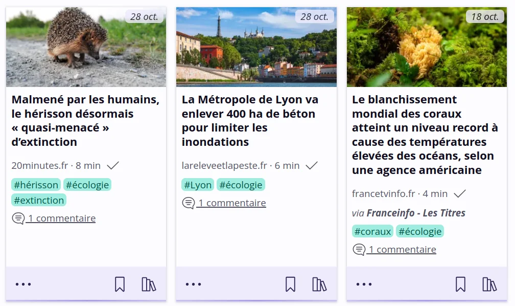 Capture d’écran de Flus montrant trois liens avec différents tags.