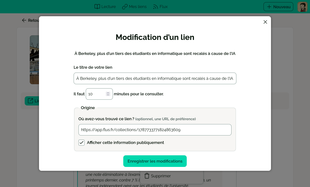 Le menu de modification d’un lien, affichant notamment un champ 'Où avez-vous trouvé ce lien'.