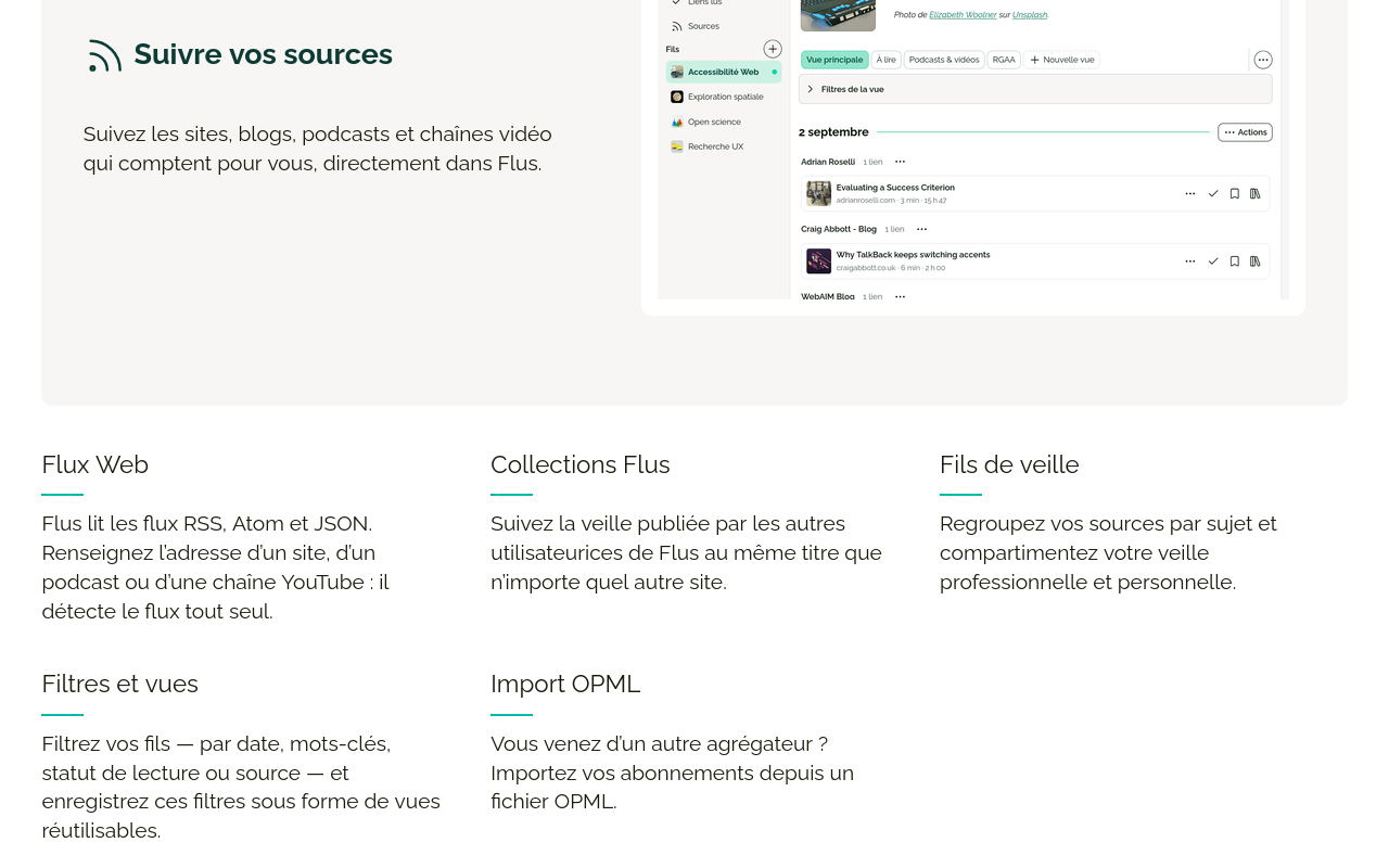 Capture d’écran du nouveau site présentant la section « Suivre vos sources » de la page « Fonctionnalités ».