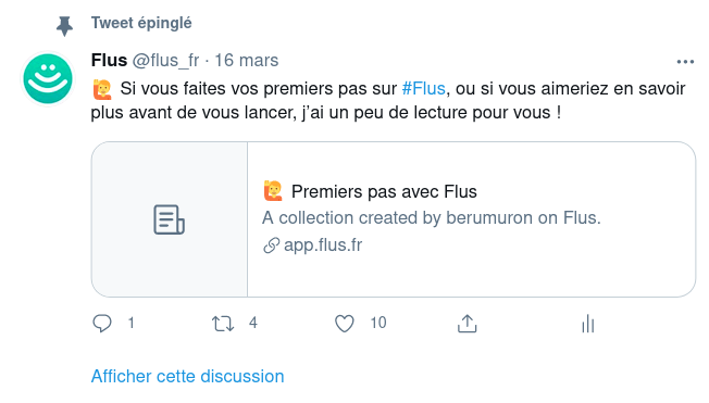 Capture d’écran d’un tweet proposant aux personnes découvrant Flus de faire un tour sur la collection « Premiers pas avec Flus »