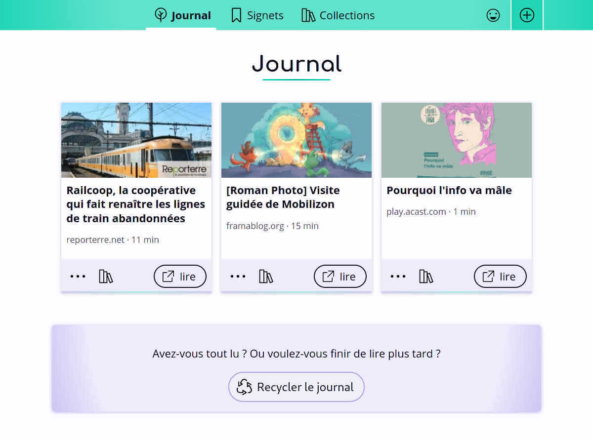 Capture d’écran du journal de Flus, présentant 3 articles à lire et un bouton pour recycler le journal se trouve tout en bas