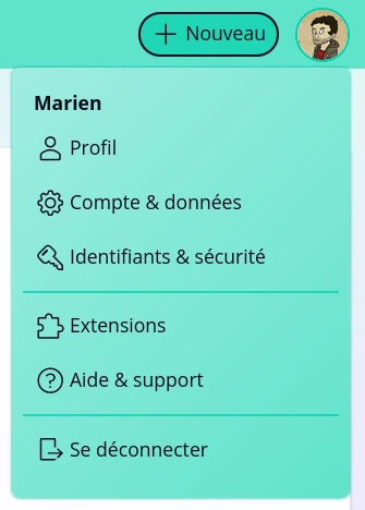 Le nouveau menu utilisateur : Profil, Compte & données, Identifiants & sécurité, Extensions, Aide & support, Se déconnecter