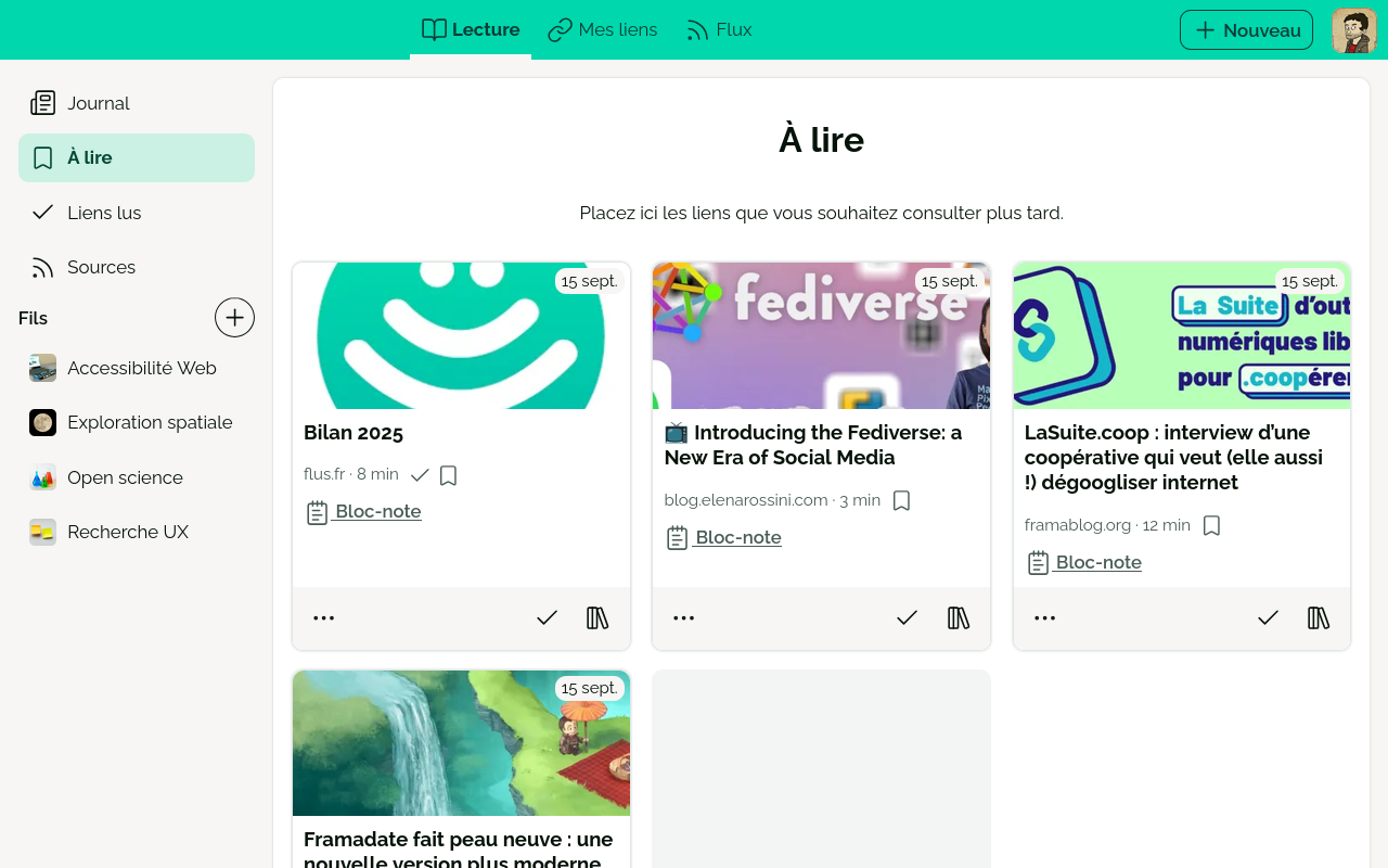 L’écran «&nbsp;À lire&nbsp;» affichant plusieurs liens à lire plus tard.