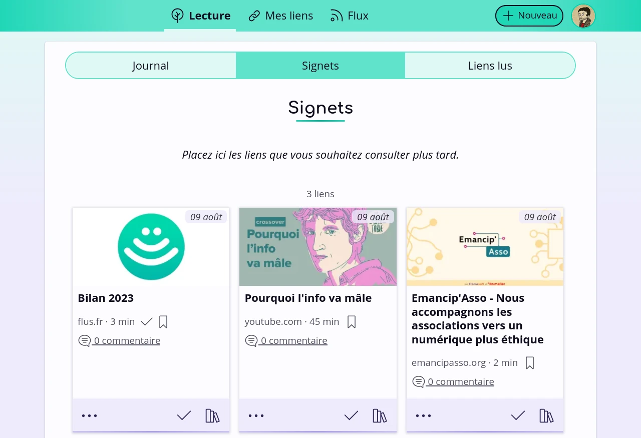 L’écran Lecture de Flus affiche trois onglets : Journal, Signets et Liens lus.