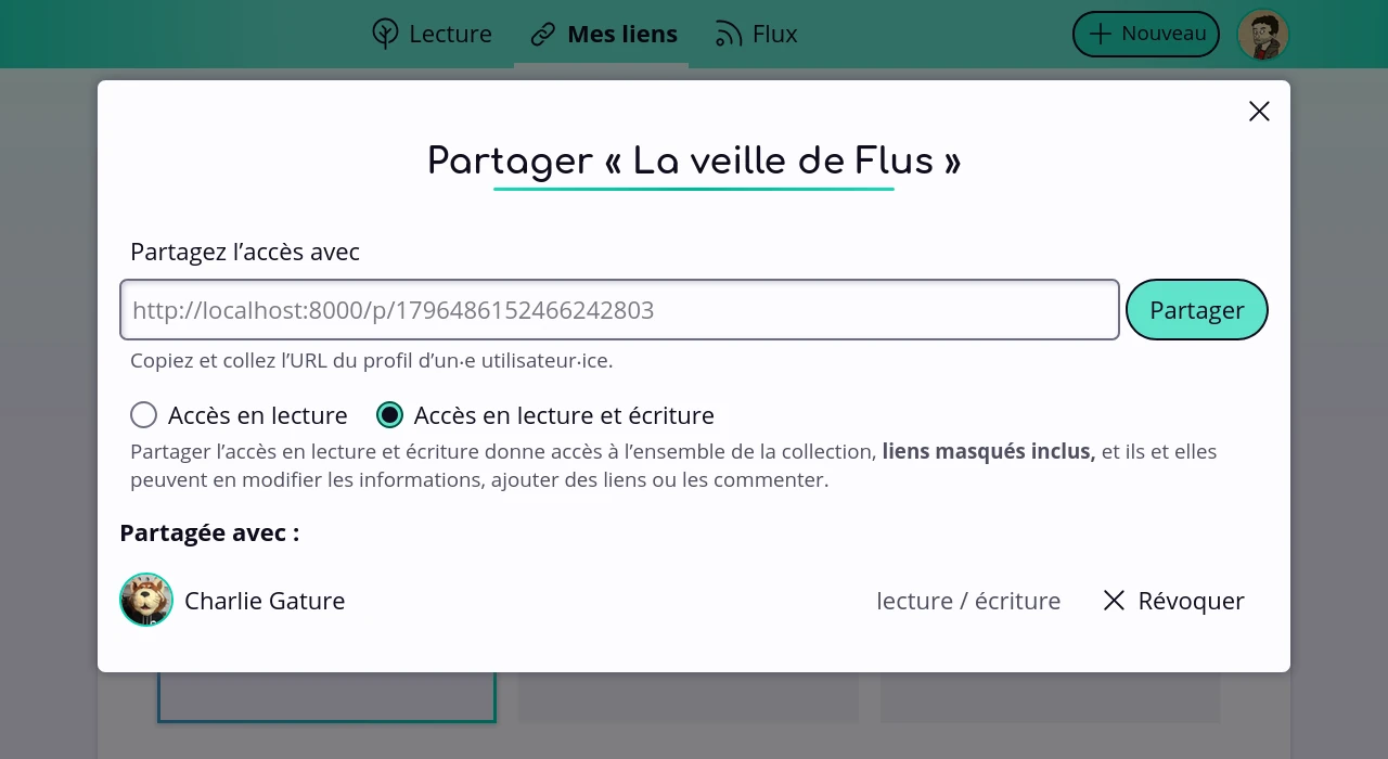 Une fenêtre pour partager l’accès d’une collection avec une utilisateurice de Flus.
